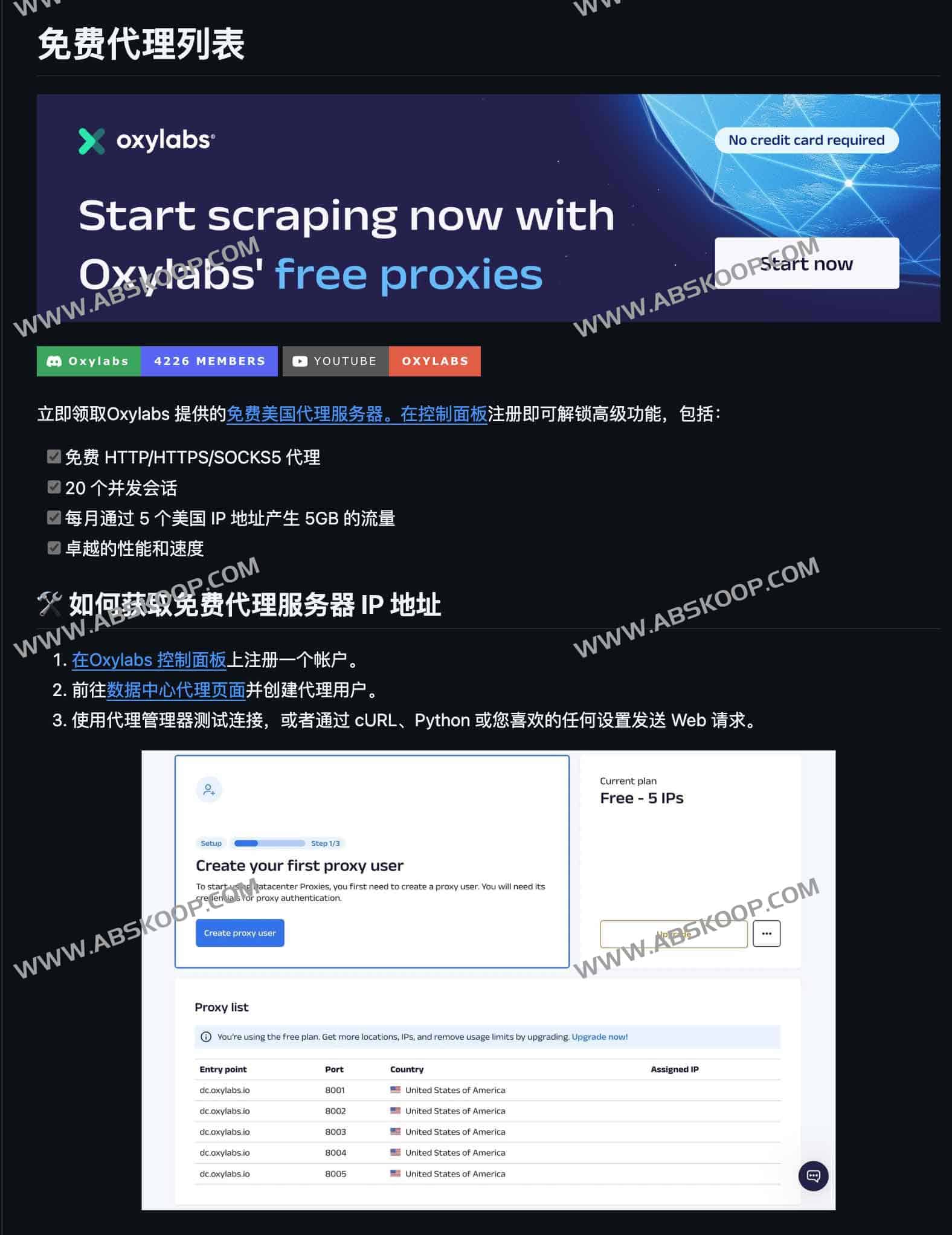 Oxylabs 免费美国代理列表：HTTP/HTTPS/SOCKS5，5 个 US IP 与 5GB/月流量，轻松集成：Free Proxy List-91杂货铺